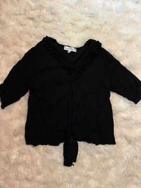 Chelsea & Theodore Black Crochet-Trim Tie-Front Blouse